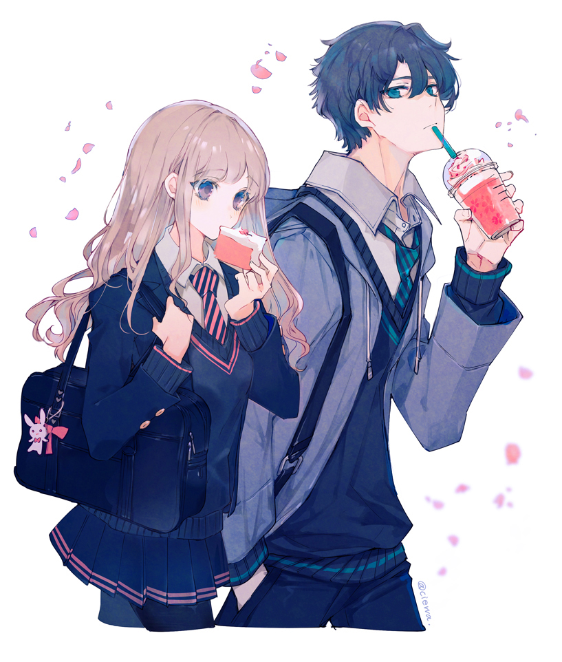 1boy 1girl bag black_pantyhose blue_hair brown_eyes brown_hair cake cierra_(ra-bit) cup disposable_cup drink drinking_straw eating food green_eyes holding holding_cup long_hair necktie original pantyhose petals school_uniform skirt striped_neckwear sweater