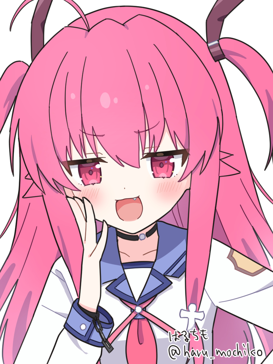 1girl :d ahoge angel_beats! artist_name black_choker blush choker commentary_request fang hair_between_eyes hand_up haruchimo highres jitome long_hair long_sleeves looking_at_viewer neckerchief open_mouth pink_eyes pink_hair pink_neckerchief shinda_sekai_sensen_uniform shirt sidelocks smile smug solo twitter_username two_side_up upper_body v-shaped_eyebrows white_shirt yui_(angel_beats!)