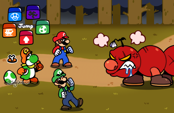 2boys angry battle brown_hair dinosaur facial_hair forest gloves hat looking_at_another luigi mario mario_&amp;_luigi_rpg multiple_boys mustache nature nintendo overalls scarf tail wiggler worm yoshi yoshi_egg
