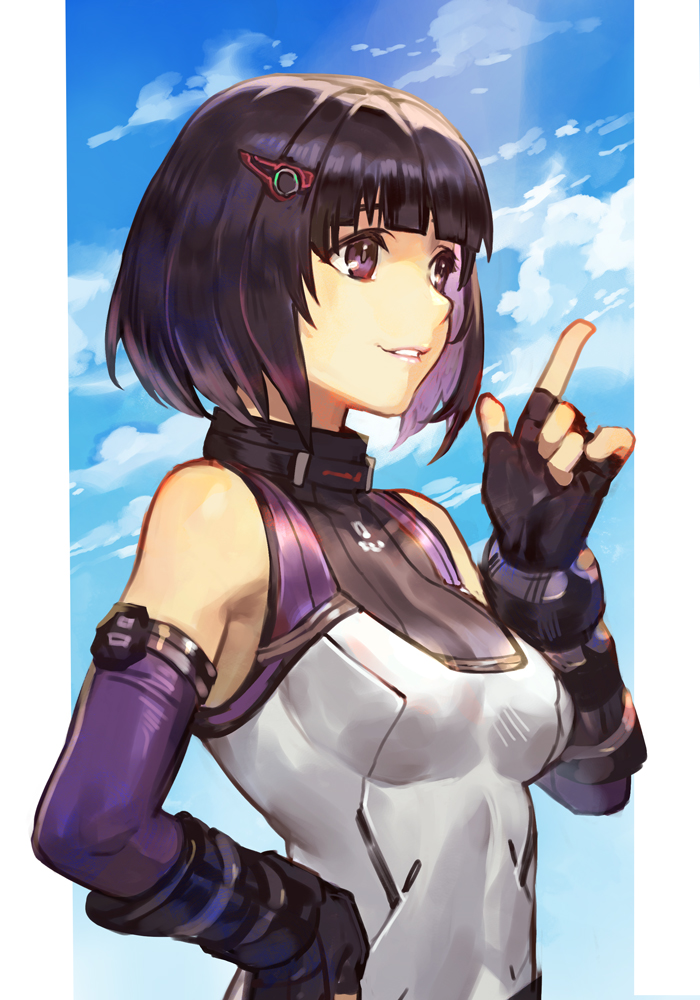1girl black_eyes black_hair breasts elbow_gloves fingerless_gloves gloves hair_ornament hungry_clicker index_finger_raised lin_lee_koo monado short_hair small_breasts smile solo upper_body xenoblade_chronicles_(series) xenoblade_chronicles_x