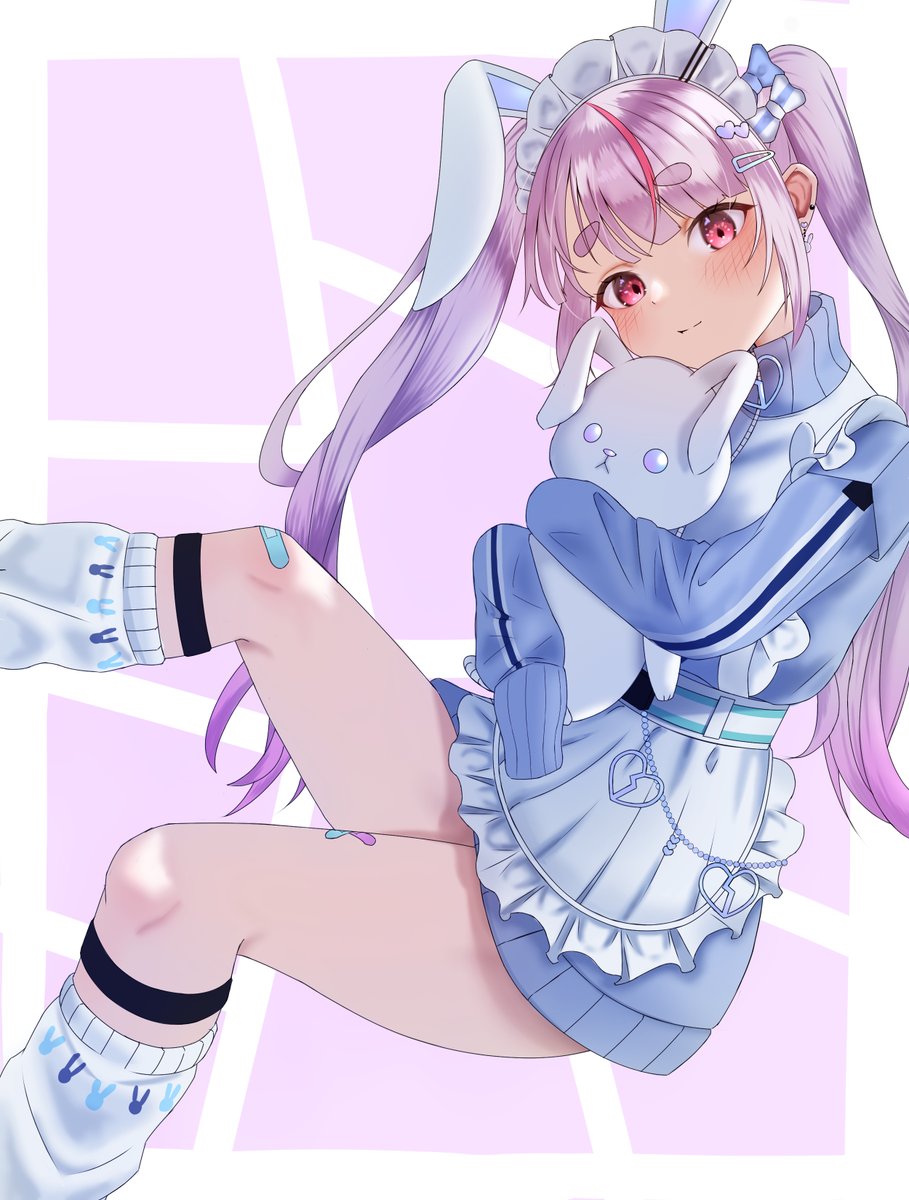 1girl animal_ears apron bandaid bandaid_on_knee bandaid_on_leg blue_jacket blunt_bangs blush bow fake_animal_ears feet_out_of_frame frilled_apron frills hair_bow hair_ornament hairclip heart heart_hair_ornament highres holding holding_stuffed_toy hugging_object jacket jersey_maid kneehighs long_hair looking_at_viewer maid maid_apron maid_headdress multicolored_hair official_alternate_costume parted_bangs pink_hair purple_background rabbit_ears red_eyes red_hair sidelocks simple_background sitting sleeves_past_fingers sleeves_past_wrists smile socks solo streaked_hair stuffed_animal stuffed_rabbit stuffed_toy thick_eyebrows tosaki_mimi tosaki_mimi_(4th_costume) touch_(uo2iqsbub291352) twintails unconventional_maid virtual_youtuber vspo! white_apron white_background white_socks