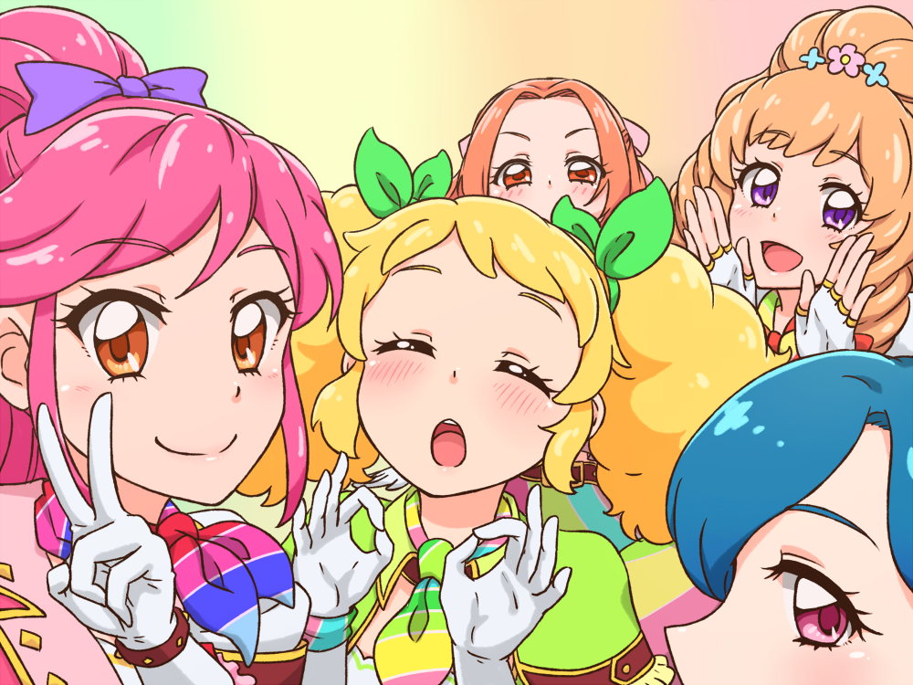 5girls ^_^ aikatsu! aikatsu!_(series) belt blonde_hair blue_hair blush bow brown_eyes brown_hair capelet close-up closed_eyes commentary_request double_ok_sign drill_hair fingerless_gloves flower gloves gradient_background hair_bow hair_flower hair_ornament hair_ribbon himesato_maria idol kazesawa_sora kurorook long_hair looking_at_viewer multiple_girls ok_sign open_mouth otoshiro_noel otoshiro_seira pink_eyes pink_hair ponytail purple_eyes red_eyes ribbon saegusa_kii selfie smile teeth twin_drills twintails upper_teeth_only