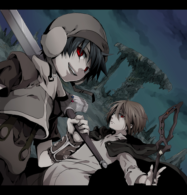 2boys :d ashikawa_mitsuru bad_id bad_pixiv_id black_eyes bracer brave_story brown_hair child crop_top dutch_angle fantasy glowing glowing_eyes hat helmet letterboxed male_focus mitsuru_(brave_story) multiple_boys nakagawa_waka night night_sky open_mouth outdoors red_eyes robe ruins short_hair sky smile staff standing sword wataru_(brave_story) weapon