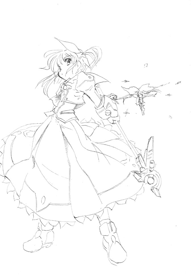 10s 2girls fate_testarossa greyscale jason_(kaiten_kussaku_kikou) long_hair lyrical_nanoha mahou_shoujo_lyrical_nanoha mahou_shoujo_lyrical_nanoha_the_movie_1st monochrome multiple_girls raising_heart raising_heart_(device_mode)_(1st) simple_background takamachi_nanoha takamachi_nanoha_(movie_1st_mode) white_background