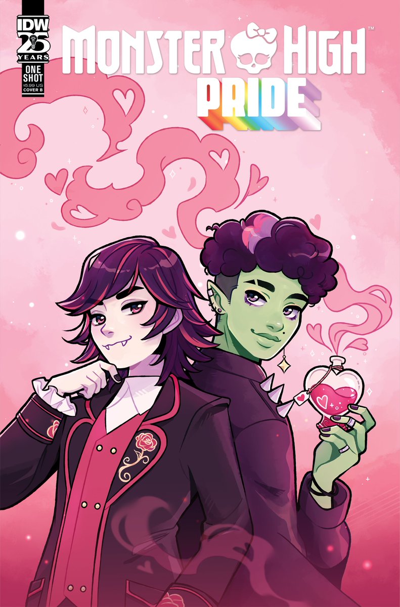 2boys black_hair black_jacket bottle colored_skin comic_cover commentary curly_hair english_commentary fangs heart highres holding holding_bottle idw_publishing jacket kieran_valentine lgbt_pride love_potion male_focus medium_hair monster_high monster_high_(g1) multicolored_hair multiple_boys official_art pianta_celi pink_eyes pink_skin pink_theme potion short_hair smile spelldon_cauldronello streaked_hair upper_body vampire