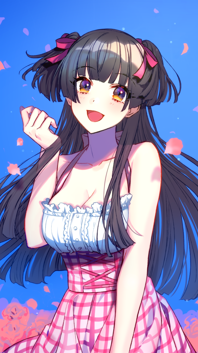 1girl :d bare_shoulders black_hair blue_background blush breasts cleavage collarbone commentary cowboy_shot dot_nose english_commentary flower gradient_background hair_ribbon highres idolmaster idolmaster_shiny_colors large_breasts long_hair mayuzumi_fuyuko open_mouth petals pink_ribbon plaid_clothes plaid_skirt ribbon rose rose_petals skirt smile yuura