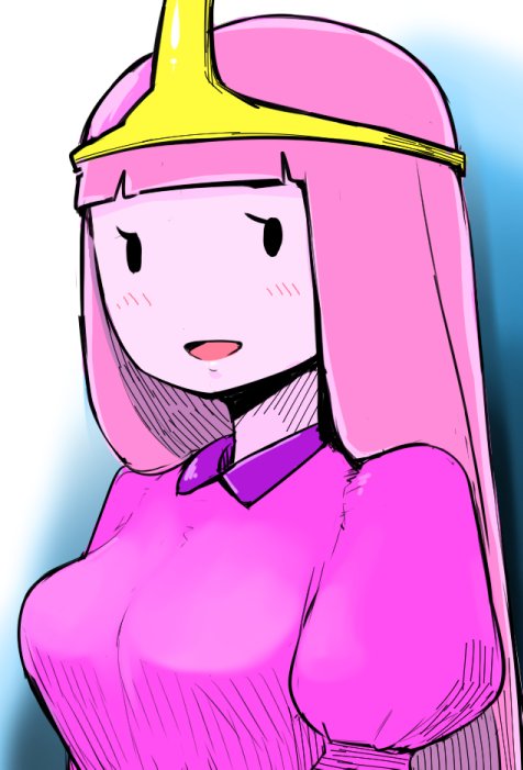 1girl adventure_time black_eyes breasts colored_skin dress long_hair misonou_hirokichi no_pupils open_mouth pink_hair pink_skin princess_bonnibel_bubblegum simple_background smile solo tiara upper_body very_long_hair