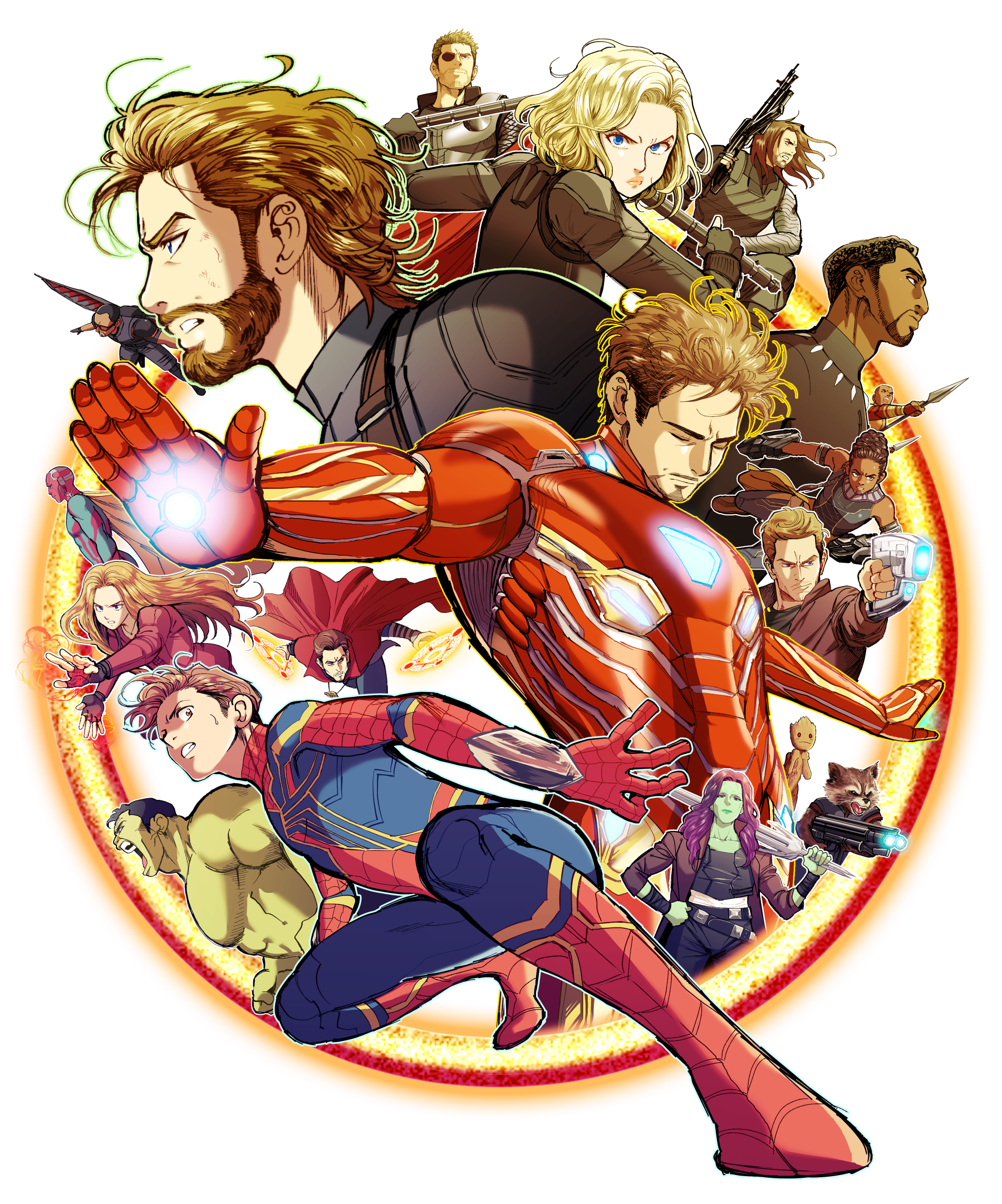 5girls 6+boys animal_ears animal_nose animal_print animification arc_reactor armor arms_up avengers:_infinity_war avengers_(series) bag bare_shoulders beard belt black_bag black_belt black_bodysuit black_eyes black_gloves black_hair black_panther_(marvel) black_pants black_shirt black_tank_top black_widow blonde_hair blue_bodysuit blue_eyes blue_pants blue_shirt bodysuit brown_eyes brown_fur brown_hair brown_jacket cape captain_america cloak closed_eyes closed_mouth collarbone collared_jacket colored_skin dark-skinned_male dark_skin doctor_strange eyepatch eyeshadow facial_hair fang fangs fingerless_gloves flying full_armor gamora gem gloves green_bodysuit green_skin grey_armor grey_hair groot gun hand_on_own_hip hand_up hands_up highres holding holding_gun holding_polearm holding_sword holding_weapon hulk iron_man jacket bucky_barnes jewelry jungyun99 light_brown_hair lips long_hair long_sleeves looking_at_viewer looking_to_the_side looking_up magic makeup marvel marvel_cinematic_universe mechanical_wings multicolored_armor multicolored_hair multiple_boys multiple_girls natasha_romanoff necklace okoye open_clothes open_jacket open_mouth orange_hair pants peter_parker peter_quill polearm power_armor prosthesis prosthetic_arm purple_eyes purple_eyeshadow purple_hair raccoon_ears red_armor red_bodysuit red_cape red_cloak red_gemstone red_jacket red_shirt red_skin rocket_raccoon sam_wilson scarlet_witch shirt short_hair shuri_(marvel) sky spear spider-man spider_print spider_web_print steve_rogers sunglasses superhero_costume sweatdrop sword t'challa t-shirt tank_top teeth the_falcon thor_(marvel) tongue tony_stark transparent_background two-tone_bodysuit two-tone_hair v-shaped_eyebrows vision_(marvel) wanda_maximoff weapon wings winter_soldier yellow_armor yellow_cape