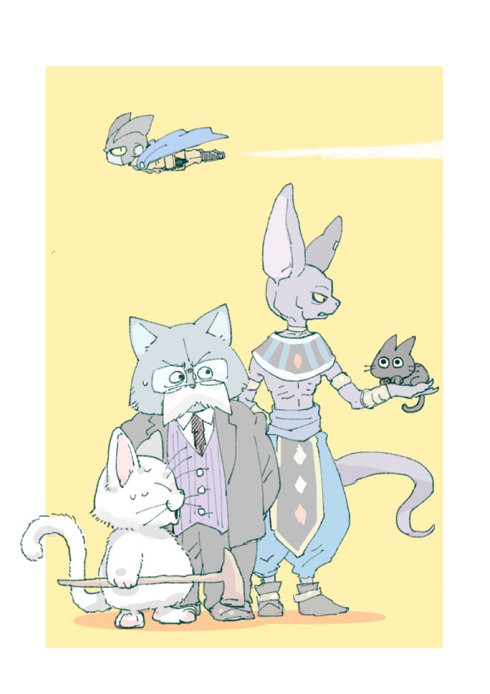 ancient_egyptian_clothes beerus black_boots black_cat black_gloves blue_cape boots cape carrying cat character_request closed_eyes colored_sclera colored_skin dragon_ball dragon_ball_super dragon_ball_super_super_hero dragonball_z gamma_2 gloves grey_skin jacket karin_(dragon_ball) long_sleeves male_focus meitarou multiple_boys pants sweatdrop tama_(dragon_ball) teeth v-shaped_eyebrows yellow_jacket yellow_pants yellow_sclera