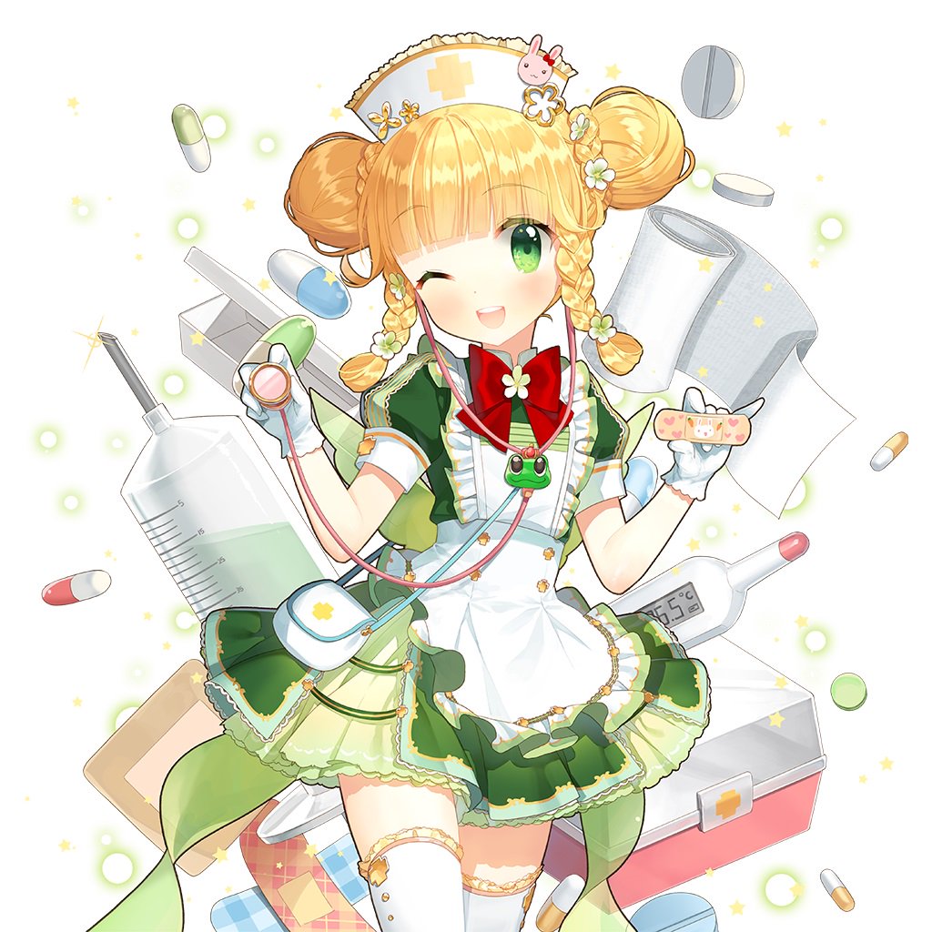 1girl apron bandages bandaid blonde_hair bow bowtie braid double_bun dress frilled_apron frilled_dress frills gloves green_dress green_eyes hair_bun hat holding_bandaid nurse nurse_cap one_eye_closed pill puffy_sleeves red_bow red_bowtie salt_(salty) sapphire_emerald short_sleeves stethoscope syringe thermometer thighhighs twin_braids twintails uchi_no_hime-sama_ga_ichiban_kawaii white_apron white_gloves white_thighhighs