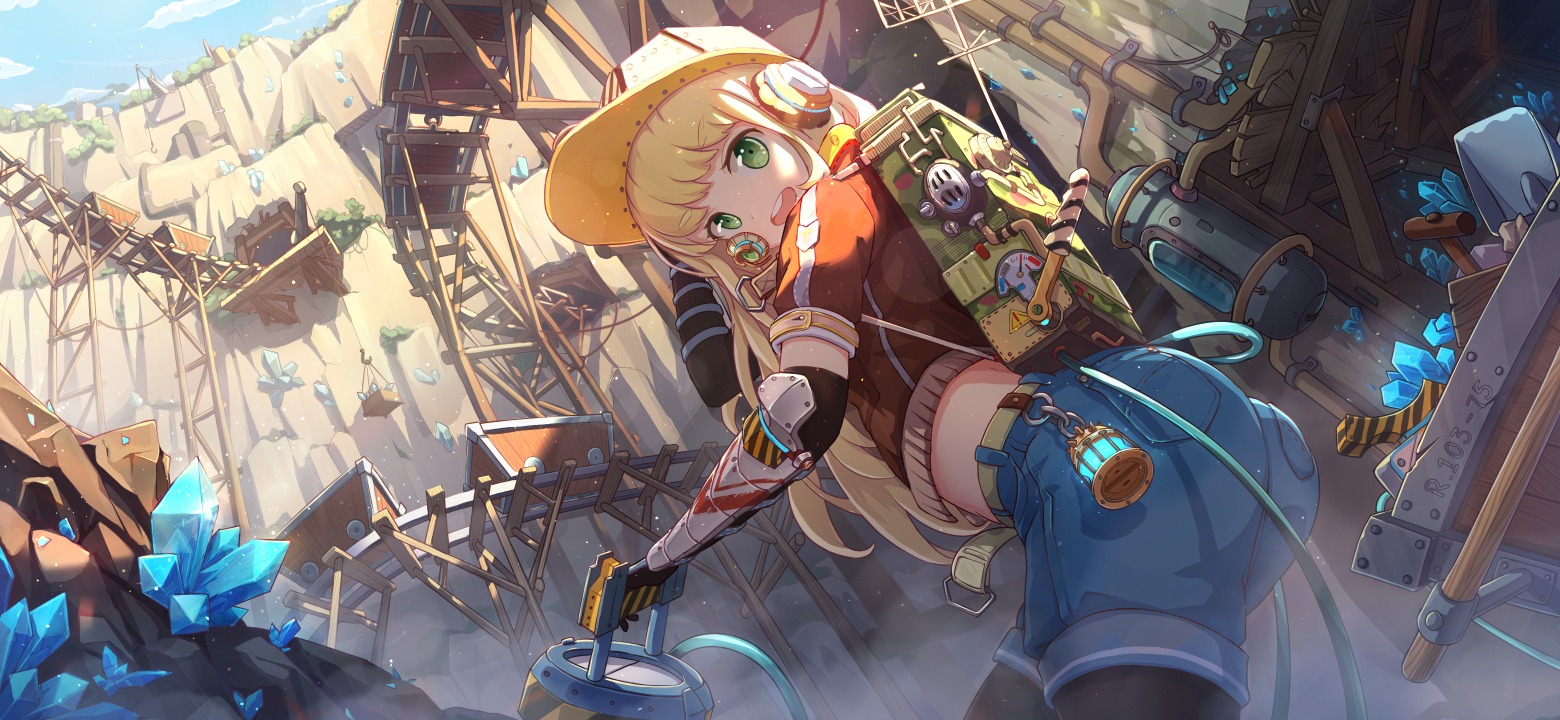 1girl blonde_hair blue_shorts blue_sky catxuan cliff cloud crystal day denim denim_shorts green_eyes hard_hat helmet looking_at_viewer minecart miner mineshaft original outdoors pantyhose pantyhose_under_shorts railroad_tracks round_teeth shorts sky smile solo tagme teeth