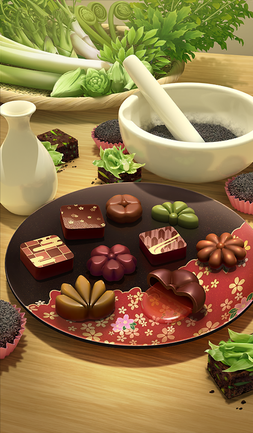 chocolate_river_no_sono_saki_ni commentary_request fate/grand_order fate_(series) food food_art food_request mafupen mortar_(bowl) no_humans official_art pestle plate vegetable wagashi