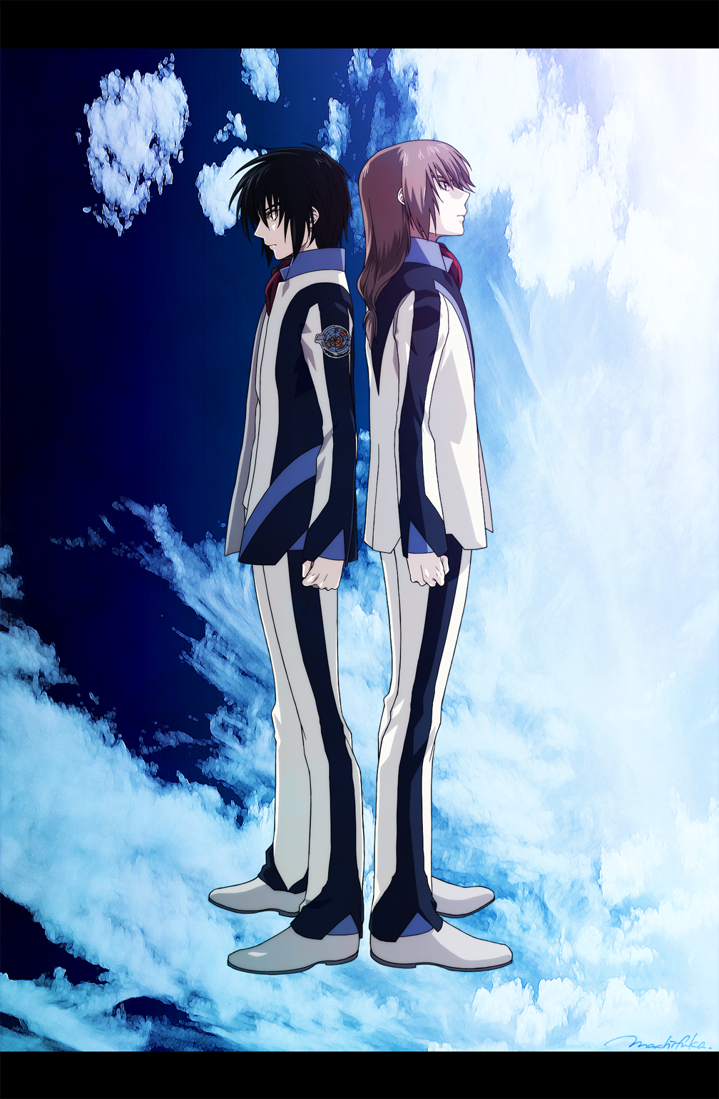10s 2boys back-to-back black_hair brown_eyes brown_hair cloud frown highres jacket letterboxed long_hair long_sleeves machi_fuka makabe_kazuki male_focus minashiro_soushi multiple_boys pants short_hair sky soukyuu_no_fafner standing uniform
