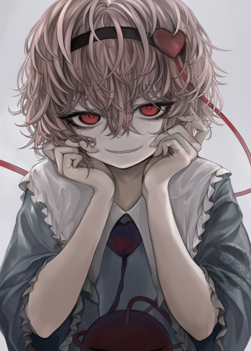 1girl blue_shirt fingernails frills grey_background hair_between_eyes hasunokaeru head_rest highres komeiji_satori long_sleeves looking_at_viewer pink_hair puffy_sleeves red_eyes satori_day shirt short_hair smile solo third_eye touhou upper_body watermark wavy_hair