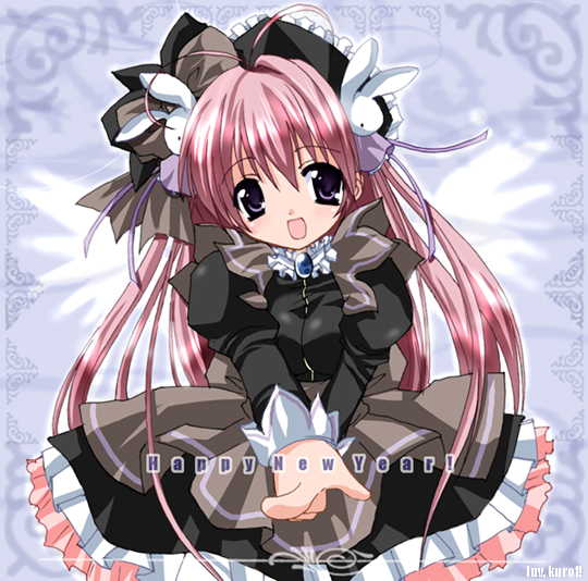 1girl angel antenna_hair dress female_focus hair_ornament happy_new_year juliet_sleeves kurot long_hair long_sleeves looking_at_viewer misha misha_(pita_ten) new_year pink_hair pita_ten pointing puffy_sleeves purple_eyes rabbit rabbit_hair_ornament solo very_long_hair wings