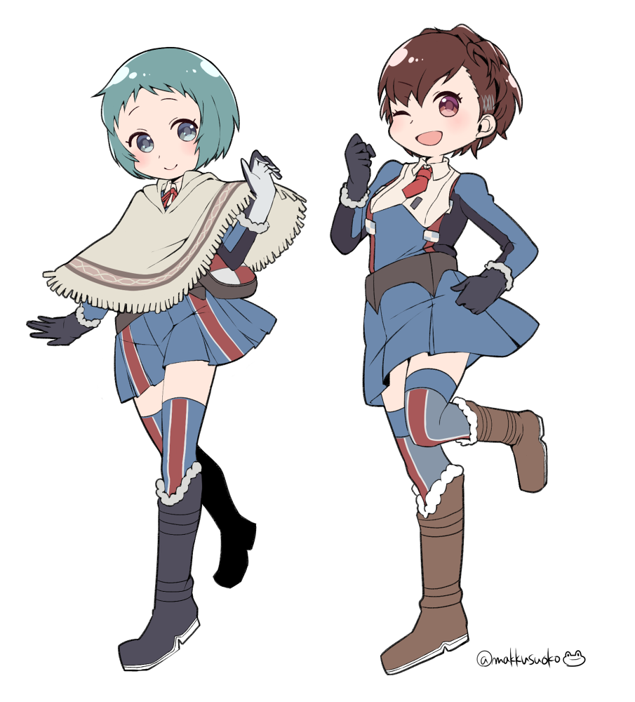 2girls alicia_melchiott aqua_hair atlus blue_eyes blue_hair blush brown_eyes brown_hair do_m_kaeru inoue_marina isara_gunther megami_tensei military military_uniform multiple_girls noto_mamiko persona persona_3 ribbon school_uniform senjou_no_valkyria_(series) shin_megami_tensei shiomi_kotone short_hair skirt smile voice_actor_connection yamagishi_fuuka