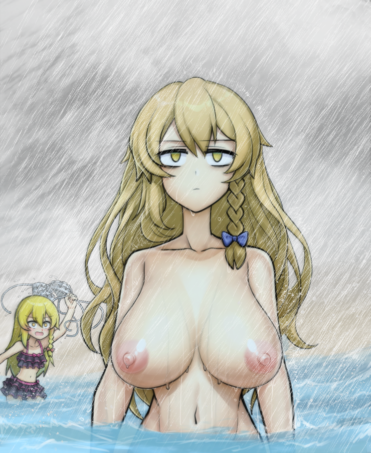 1boy 1girl bags_under_eyes bikini black_bikini blonde_hair blue_bow bow braid breasts cleavage closed_mouth commentary_request completely_nude cookie_(touhou) crossdressing expressionless frilled_bikini frills genderswap genderswap_(ftm) hair_bow jigoku_no_soko_de_coffee_wo_nomu_neko kirisame_marisa large_breasts long_hair mars_(cookie) navel nude ocean outdoors rain rei_(cookie) side_braid single_braid solo_focus swimsuit touhou trap unworn_bikini_top upper_body variant_set water white_bikini yellow_eyes