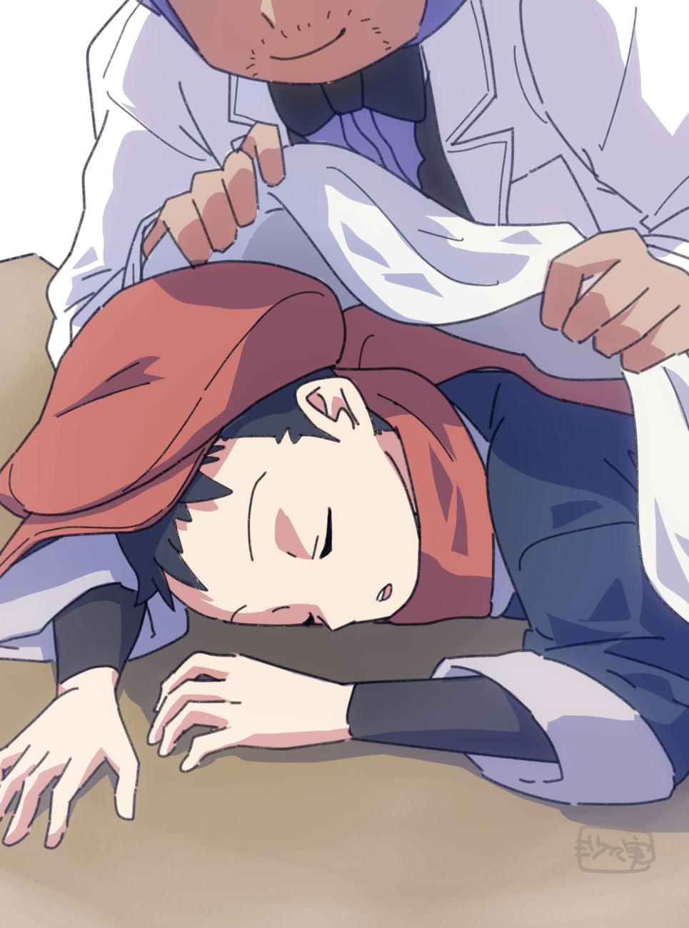 2boys black_bow black_bowtie black_hair black_shirt black_vest bow bowtie closed_eyes closed_mouth coat commentary_request covering_with_blanket facial_hair hat highres holding jacket long_sleeves male_focus multiple_boys nintendo open_mouth pokemon pokemon_legends:_arceus professor_laventon purple_shirt red_hat rei_(pokemon) sasami_642 shirt short_hair sleeping smile stubble teeth upper_teeth_only vest white_coat