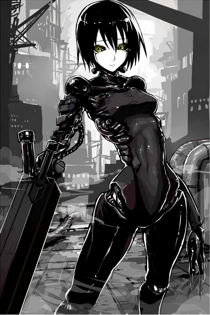 1girl arm_cannon bad_id bad_pixiv_id black_hair blame! breasts city colored_skin cowboy_shot cyberpunk cyborg female_focus fushoku industrial_pipe partially_colored sanakan science_fiction short_hair small_breasts solo weapon white_skin yellow_eyes