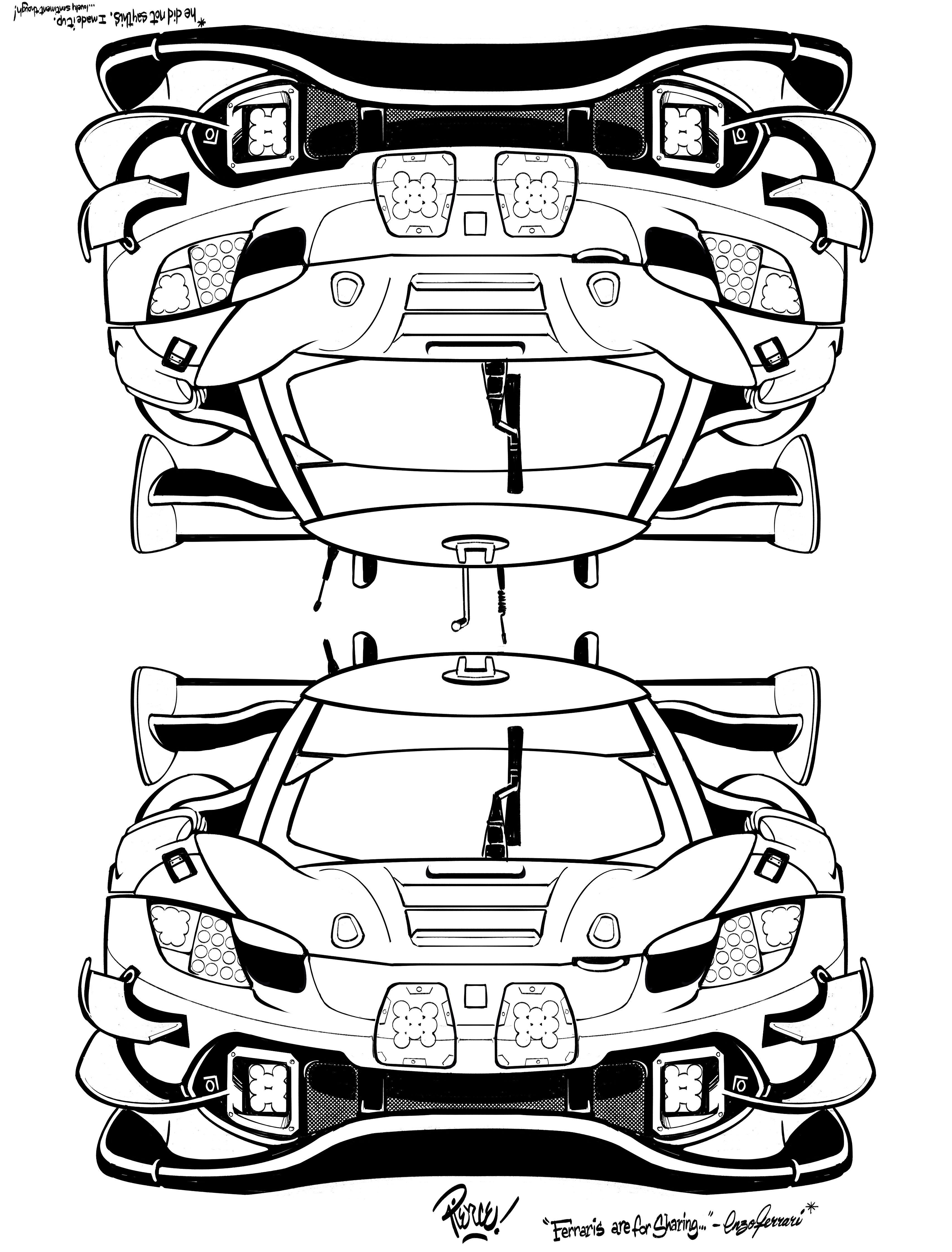 absurdres artist_name car english_text ferrari ferrari_296 greyscale highres lineart monochrome motor_vehicle no_humans race_vehicle racecar simple_background spoiler_(automobile) straight-on upside-down vehicle_focus white_background will_pierce world_endurance_championship
