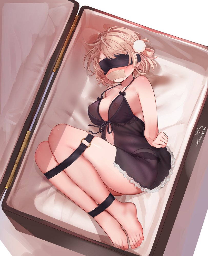 1girl arms_behind_back babydoll black_babydoll black_panties blindfold blush bound bound_ankles bound_legs bound_wrists box braid breasts briefcase brown_hair covered_erect_nipples crown_braid festa11307070 from_side gag hair_ornament hair_rings improvised_gag in_box in_container indie_virtual_youtuber medium_breasts o-ring paid_reward_available panties panties_visible_through_clothes pom_pom_(clothes) pom_pom_hair_ornament restrained see-through_clothes shigure_ui_(vtuber) short_hair solo tape tape_gag thighs toes underwear variant_set virtual_youtuber