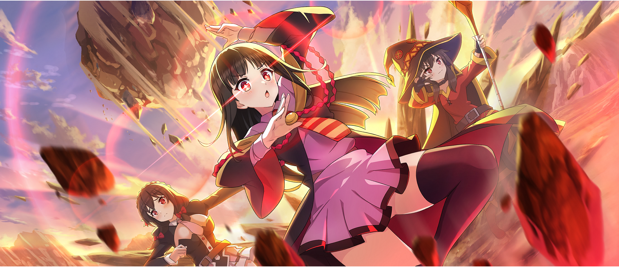 3girls :o arm_up belt belt_collar black_cloak black_gloves black_hat black_robe black_shirt black_thighhighs blouse blunt_bangs bow braid breasts brown_belt brown_hair chuunibyou cloak collar collared_dress crown_braid debris diagonal-striped_clothes diagonal-striped_necktie dress fingerless_gloves from_below game_cg gloves glowing glowing_eye gluteal_fold hair_bow hair_over_shoulder hat highres holding holding_staff kono_subarashii_sekai_ni_shukufuku_wo! konosuba!_fantastic_days large_breasts leg_up light_blush long_sleeves looking_at_viewer low_twintails mage_staff medium_breasts megumin miniskirt multiple_girls necktie nerimaki off_shoulder official_art open_mouth orange_necktie outstretched_arm pink_dress pink_necktie pink_skirt red_bow red_dress red_eyes red_necktie red_prison_magic_school_uniform robe school_uniform shirt short_dress short_hair short_hair_with_long_locks short_necktie sidelocks skirt small_breasts staff standing standing_on_one_leg striped_clothes thighhighs thighs twintails two-sided_robe two-tone_necktie v-shaped_eyebrows w w_over_eye witch_hat yunyun_(konosuba) zettai_ryouiki