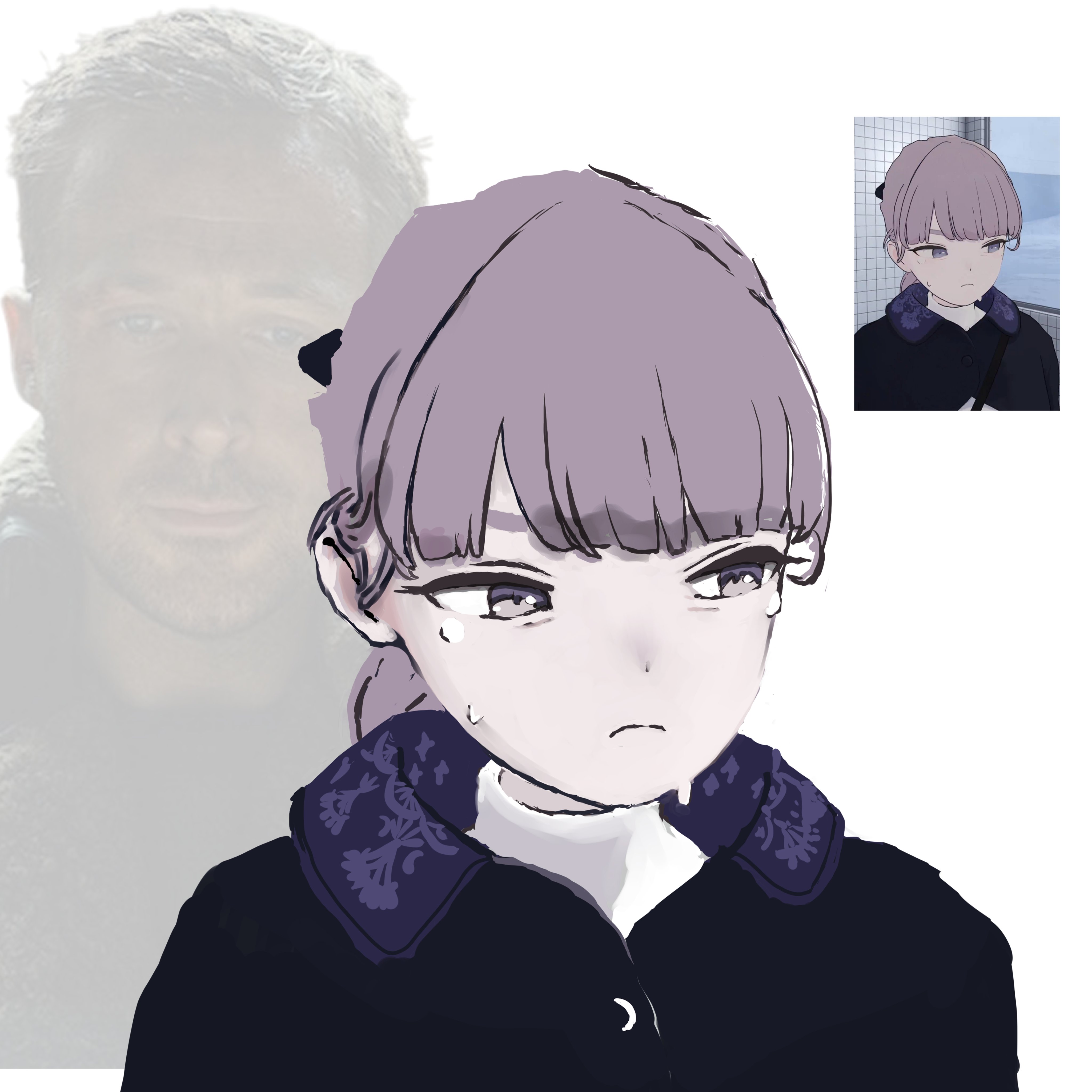 1girl absurdres bacon_uw black_ribbon blade_runner_2049 brown_hair commentary english_commentary frown goslingposting_(meme) hair_ribbon highres k_(blade_runner_2049) lapwing_(vrchat) long_hair looking_at_viewer meme purple_eyes ribbon ryan_gosling tears vrchat white_background
