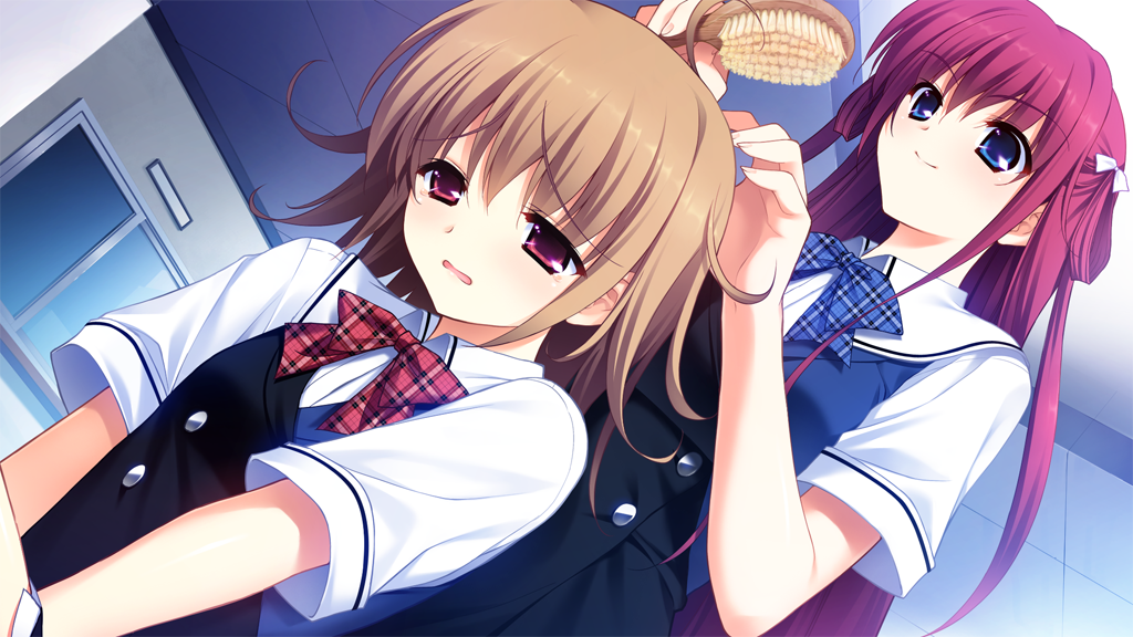 2girls black_dress blue_bow blue_bowtie blue_dress blue_eyes bow bowtie brown_hair brushing_another&#039;s_hair brushing_hair buttons closed_mouth double-breasted dress dutch_angle fumio_(ura_fmo) game_cg grisaia_(series) grisaia_no_kajitsu hair_bow hair_brush hair_down hair_rings indoors irisu_makina long_hair multiple_girls non-web_source official_alternate_hairstyle open_mouth plaid_bow plaid_bowtie plaid_clothes red_bow red_bowtie red_eyes red_hair sailor_collar scared school_uniform shirt short_sleeves sitting smile suou_amane two-tone_dress upper_body v_arms very_long_hair white_bow white_sailor_collar white_shirt