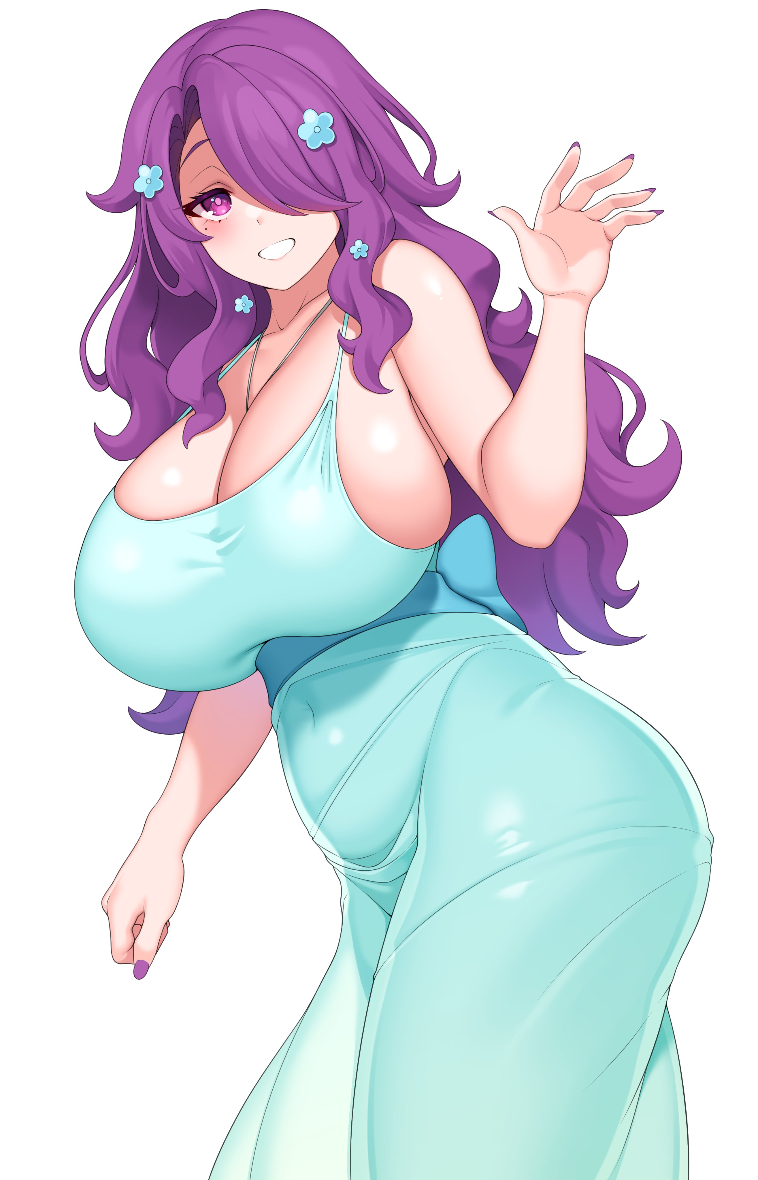 1girl absurdres blue_dress blue_flower breasts cleavage collarbone commission covered_navel dress flower hair_flower hair_ornament hair_over_one_eye highres huge_breasts jewelry long_hair mole mole_under_eye necklace original purple_eyes purple_hair purple_nails skeb_commission smile solo sundress suruga_(xsurugax) white_background