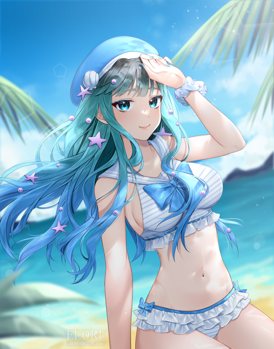1girl aqua_hair artist_name bare_arms beach beads beret bikini blue_bow blue_bowtie blue_eyes blue_hair blue_hat blue_nails blue_sailor_collar blue_sky blurry blurry_background bow bowtie bracelet breasts closed_mouth cloud collared_bikini commentary commission cowboy_shot day eloru english_commentary eyelashes frilled_bikini frills gradient_hair hair_beads hair_ornament hand_on_own_head hat highres jewelry large_breasts long_hair looking_at_viewer multicolored_hair nail_polish navel ocean original outdoors palm_tree pink_lips sailor_collar shell_hair_ornament sideboob sky smile solo star_(symbol) star_hair_ornament stomach striped_bikini striped_clothes swimsuit tree watermark white_bikini