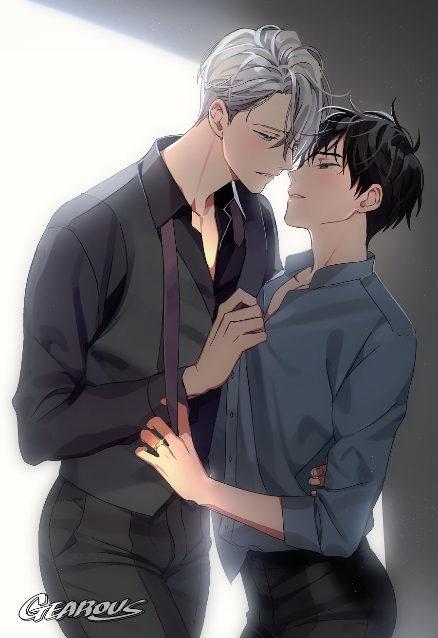 2boys artist_name black_hair black_pants black_shirt blue_eyes blue_shirt blush brown_eyes clothes_grab collared_shirt dress_shirt eye_contact gearous grey_hair half-closed_eyes hand_on_another&#039;s_hip hand_on_another&#039;s_waist highres imminent_kiss jewelry katsuki_yuuri looking_at_another male_focus multiple_boys necktie neckwear_grab pants parted_lips ring shirt smile vest viktor_nikiforov waistcoat yaoi yuri!!!_on_ice