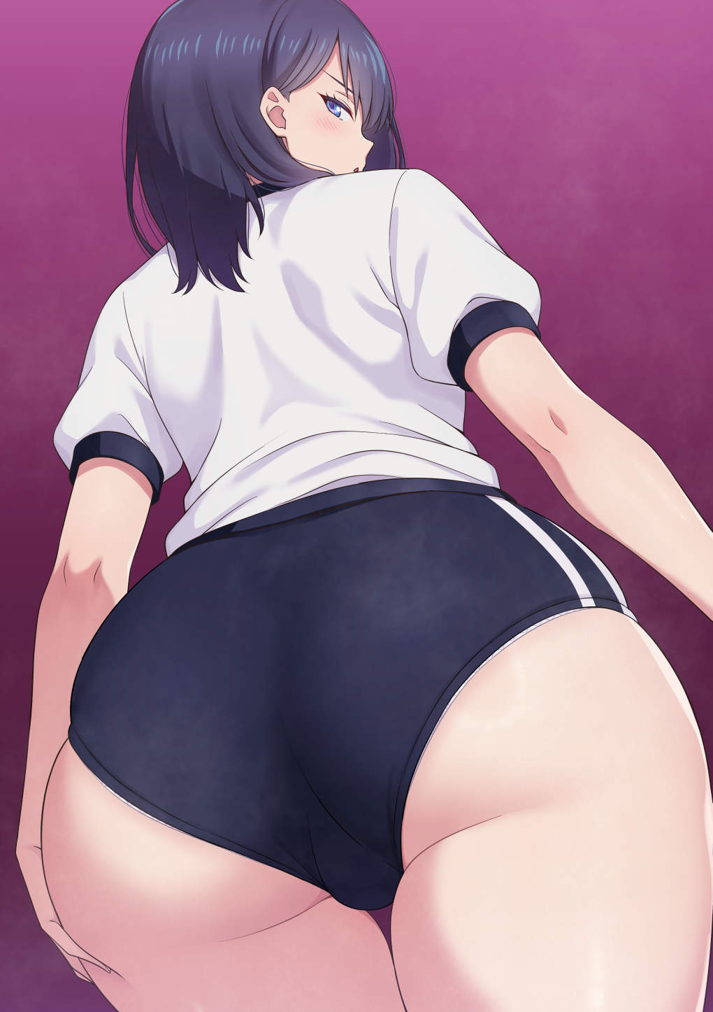 1girl :o alternate_costume ass ass_focus black_buruma black_hair blue_eyes buruma from_behind from_below gridman_universe gym_shirt gym_uniform highres huge_ass looking_at_viewer looking_back medium_hair mibushiro panties panties_under_buruma panty_peek parted_lips puffy_short_sleeves puffy_sleeves purple_background shirt short_sleeves simple_background solo ssss.gridman standing steaming_body takarada_rikka thick_thighs thighs underwear white_panties wide_hips