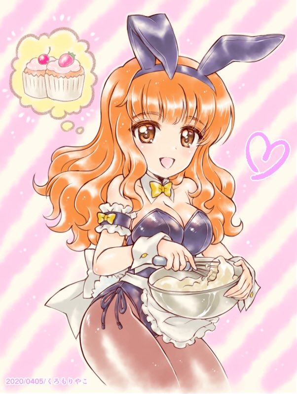 1girl :d animal_ears apron armband artist_name batter black_leotard black_pantyhose blunt_bangs bow bowtie breasts cleavage collar commentary cowboy_shot cupcake dated detached_collar fake_animal_ears female_focus food frilled_armband frills girls_und_panzer heart holding kuromori_yako large_bow leotard long_hair looking_at_viewer medium_breasts mixing_bowl open_mouth orange_eyes orange_hair pantyhose playboy_bunny purple_background rabbit_ears rabbit_tail side-tie_leotard smile solo speech_bubble standing strapless strapless_leotard striped_background tail takebe_saori thought_bubble waist_apron whisk white_collar wing_collar wrist_cuffs yellow_bow yellow_bowtie