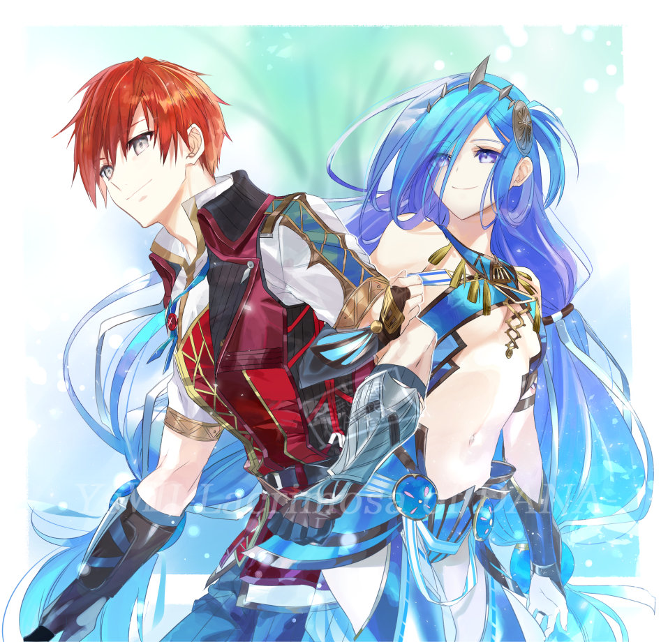 1boy 1girl adol_christin blue_eyes blue_hair border breasts closed_mouth commentary_request copyright_name dana_iclucia grey_eyes long_hair male_focus medium_breasts navel outside_border red_hair short_hair smile standing tatsumikkk tiara very_long_hair watermark white_border ys ys_viii:_lacrimosa_of_dana