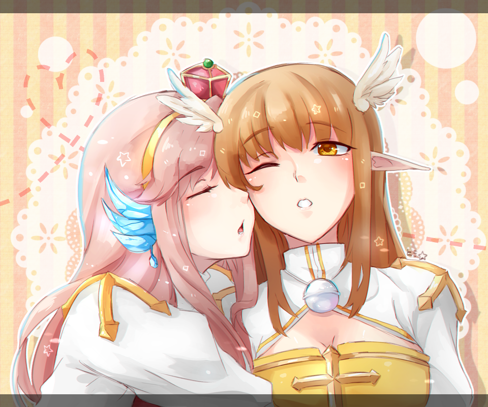 2girls alternate_costume arch_bishop_(ragnarok_online) blush breasts brown_eyes brown_hair cleavage cleavage_cutout closed_eyes clothing_cutout commentary cowboy_shot cross crown dress english_commentary gold_hairband hairband himitsu_(dark_nao) long_hair medium_breasts mini_crown multiple_girls one_eye_closed open_mouth pink_hair pointy_ears ragnarok_online two-tone_dress white_dress yellow_dress yuri