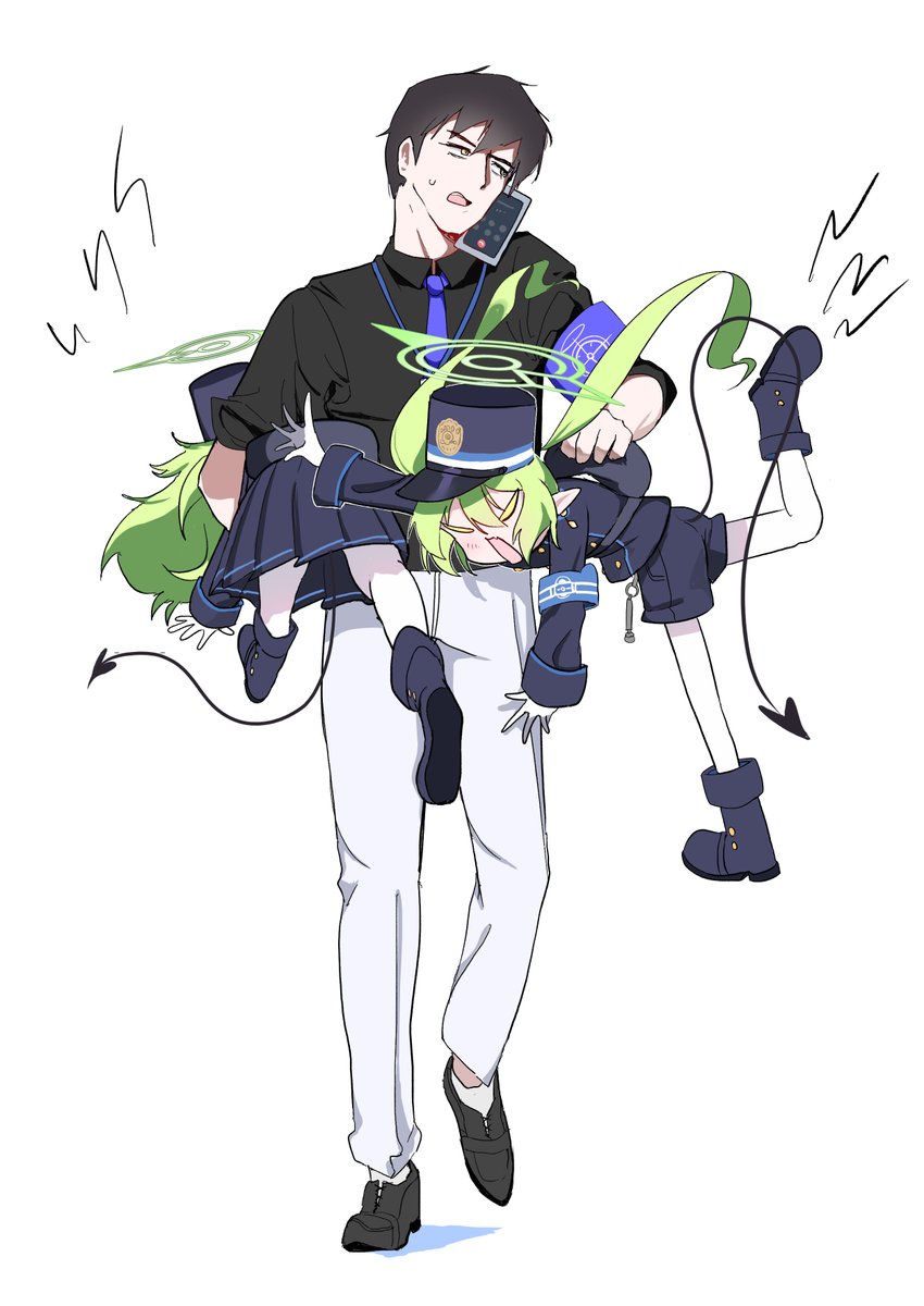 1boy 2girls armband blue_archive boots demon_tail gloves green_hair green_halo halo hat highres hikari_(blue_archive) lanyard long_hair long_sleeves mochini multiple_girls necktie nozomi_(blue_archive) open_mouth pantyhose pointy_ears schale_logo sensei_(blue_archive) siblings simple_background sisters tail talking_on_phone twins white_background white_gloves white_pantyhose yellow_eyes