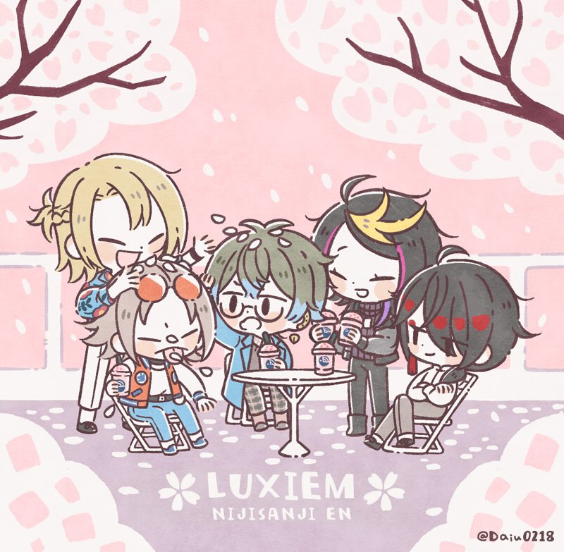 5boys belt black_boots black_hair black_pants black_sweater blonde_hair blue_hair blue_jacket blush_stickers boots braid brown_hair cherry_blossoms chibi closed_eyes closed_mouth copyright_name crown_braid cup daiu0218 disposable_cup earrings eyewear_on_head falling_petals floral_print full_body green_hair hair_between_eyes hair_over_one_eye ike_eveland jacket jewelry letterman_jacket logo long_sleeves low_ponytail luca_kaneshiro luxiem male_focus multicolored_hair multiple_boys mysta_rias nijisanji nijisanji_en no_pupils open_mouth orange-tinted_eyewear pants petals plaid_clothes plaid_pants ponytail red_hair shirt shu_yamino single_earring sitting smile standing streaked_hair sweater tassel tassel_earrings tinted_eyewear tongue tongue_out turtleneck turtleneck_sweater twitter_username virtual_youtuber vox_akuma white_pants white_shirt