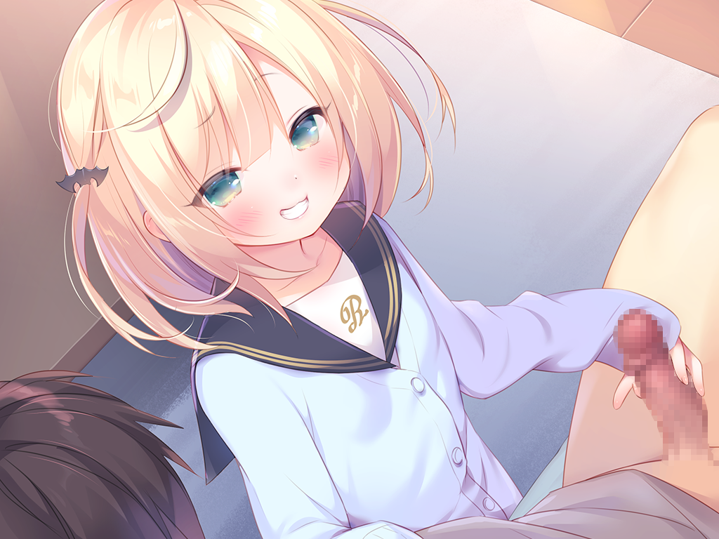 1boy 1girl bat_hair_ornament blonde_hair blue_cardigan blush bottomless cardigan censored erection flat_chest game_cg green_eyes grin hair_ornament handjob hetero large_variant_set loli mainichi_kiss_shite_lolita mihato_(mainichi_kiss_shite_lolita) mosaic_censoring non-web_source penis piyodera_mucha short_hair smile two_side_up variant_set