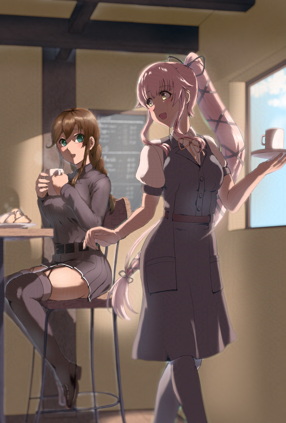 2girls belt black_belt black_ribbon black_sailor_collar black_shirt black_skirt black_thighhighs braid breasts green_eyes hair_ribbon highres indoors kantai_collection large_breasts long_hair medium_breasts miniskirt mrdotd multiple_girls noshiro_(kancolle) noshiro_kai_ni_(kancolle) pink_hair pleated_skirt ribbon sailor_collar sailor_shirt shirt sitting skirt standing swept_bangs thighhighs twin_braids very_long_hair yura_(kancolle)