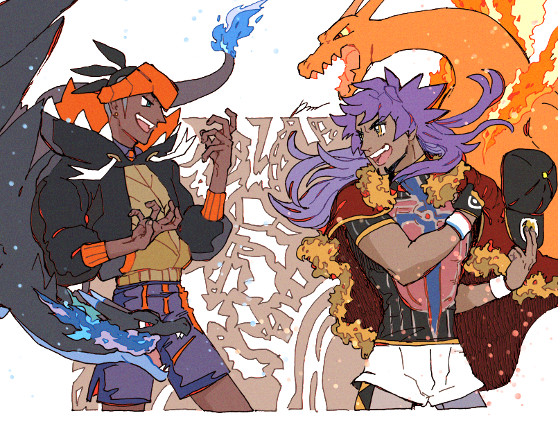 2boys :d black_hair black_hoodie cape charizard commentary_request dark-skinned_male dark_skin dynamax_band earrings facial_hair fur-trimmed_cape fur_trim gen_1_pokemon gigantamax gigantamax_charizard gloves headband hood hoodie jewelry leggings leon_(pokemon) long_hair male_focus mega_charizard_x mega_pokemon multiple_boys nintendo open_mouth orange_headband pokemon pokemon_(creature) pokemon_swsh purple_hair raihan_(pokemon) red_cape sagemaru-br shield_print shirt short_hair short_shorts shorts side_slit side_slit_shorts single_glove smile sword_print teeth tongue undercut upper_teeth_only white_background white_shorts yellow_eyes