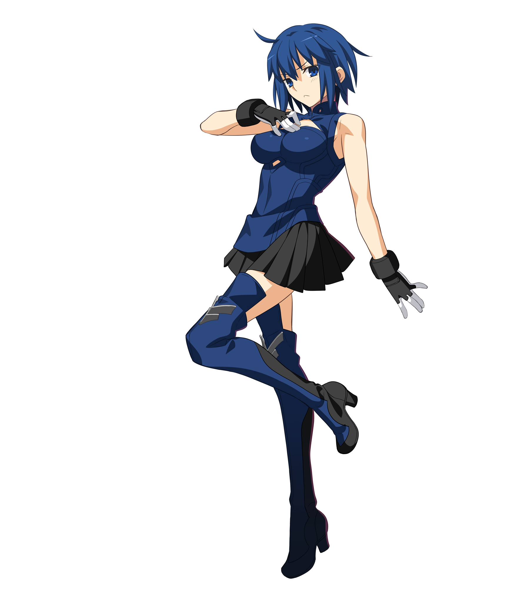 1girl 3d anime_coloring arm_at_side bare_arms bare_shoulders black_skirt blue_boots blue_collar blue_dress blue_eyes blue_hair blue_pupils boots breasts ciel_(tsukihime) cleavage_cutout closed_mouth clothing_cutout collar collared_dress dress frown full_body game_cg glove_cuffs gloves hair_between_eyes hand_on_own_chest high_heel_boots high_heels highres large_breasts looking_at_viewer melty_blood melty_blood:_type_lumina miniskirt multicolored_boots non-web_source official_art pleated_skirt powered_ciel short_hair sidelighting simple_background skirt sleeveless sleeveless_dress solo tachi-e takeuchi_takashi thigh_boots transparent_background tsukihime tsukihime_(remake) two-tone_boots two-tone_gloves type-moon white_gloves