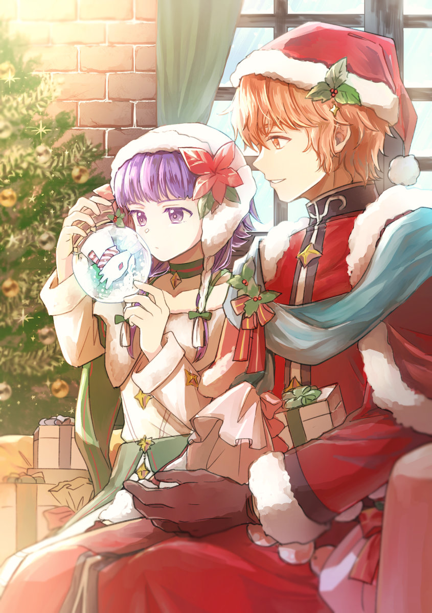 1boy 1girl artur_(silver_saint)_(fire_emblem) cape christmas fire_emblem fire_emblem:_the_sacred_stones fire_emblem_heroes flower fur-trimmed_cape fur-trimmed_sleeves fur_trim hat hat_flower highres holding holding_snow_globe holding_toy long_hair lute_(fire_emblem) lute_(winter)_(fire_emblem) nintendo official_alternate_costume purple_eyes purple_hair red_eyes santa_costume snow_globe toy yoshi_(taiko7)