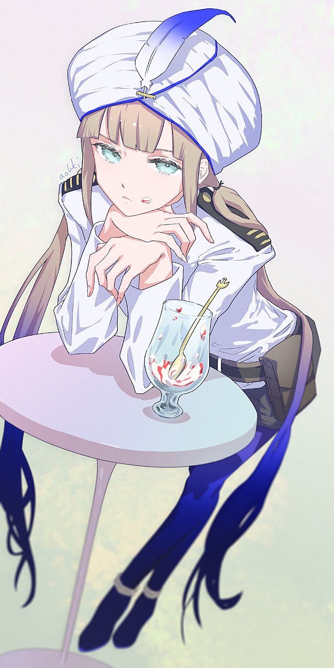 1boy belt belt_pouch black_shorts blue_eyes blue_hair blue_pantyhose blunt_bangs blurry captain_nemo_(fate) captain_nemo_(first_ascension)_(fate) closed_mouth crossed_legs depth_of_field dutch_angle elbows_on_table fate/grand_order fate_(series) food food_on_face frown full_body gradient_hair half-closed_eyes hand_on_own_chin hat_feather head_rest highres jacket leaning_forward long_sleeves looking_at_viewer low_twintails male_focus multicolored_hair nemo_(fate) own_hands_together pantyhose parfait pouch short_shorts shorts shoulder_boards signature solo table turban twintails waterstaring watson_cross white_jacket