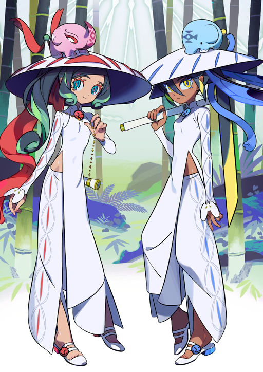 2girls animal animal_on_head ao_dai aqua_eyes arm_at_side black_hair blonde_hair breasts closed_mouth colored_eyelashes dark-skinned_female dark_skin elephant expressionless fate/grand_order fate_(series) full_body game_cg green_hair hair_between_eyes hair_ornament hair_ribbon hand_up hat holding holding_weapon long_hair long_sleeves looking_at_viewer mandarin_collar matching_outfits multicolored_hair multiple_girls official_art on_head over_shoulder pants ponytail red_pupils red_ribbon ribbon sandals sandogasa siblings side_ponytail side_slit sidelocks sisters small_breasts smile standing take_(illustrator) third-party_source toes trung_nhi_(fate) trung_nhi_(first_ascension)_(fate) trung_trac_(fate) trung_trac_(first_ascension)_(fate) two-tone_hair variant_set very_long_hair weapon white_hat white_pants white_sandals yellow_eyes