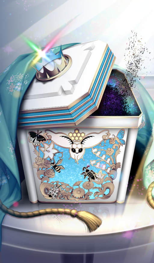 blanca_(fate) box bug commentary diffraction_spikes fate/grand_order fate_(series) hayosena insect lid moth no_humans object_focus official_art still_life table tassel third-party_source white_background