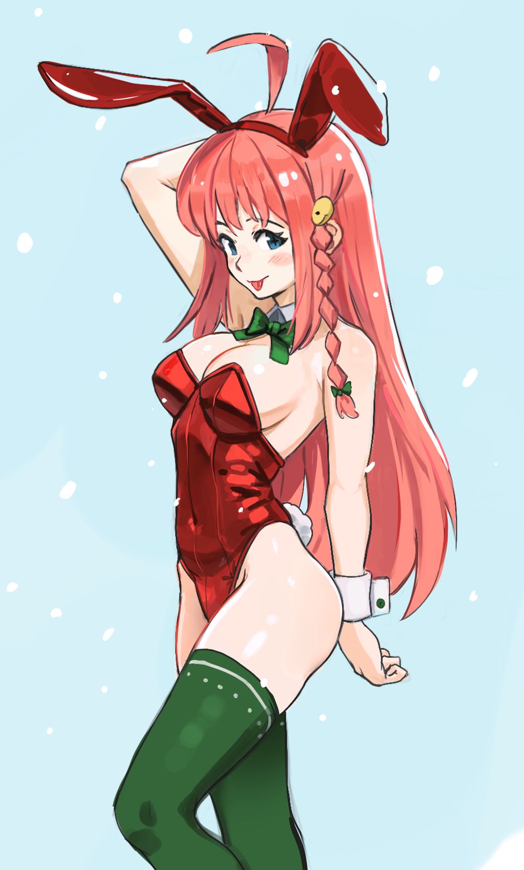 1girl ahoge animal_ears arm_up artist_request bad_link bare_shoulders blue_background blue_eyes blush bow breasts cleavage drawfag fake_animal_ears green_bow green_thighhighs hair_ornament highres leotard long_hair medium_breasts navel nono_(top_wo_nerae_2!) pink_hair snowing solo standing thighhighs tongue tongue_out top_wo_nerae!_(series) top_wo_nerae_2! wrist_cuffs