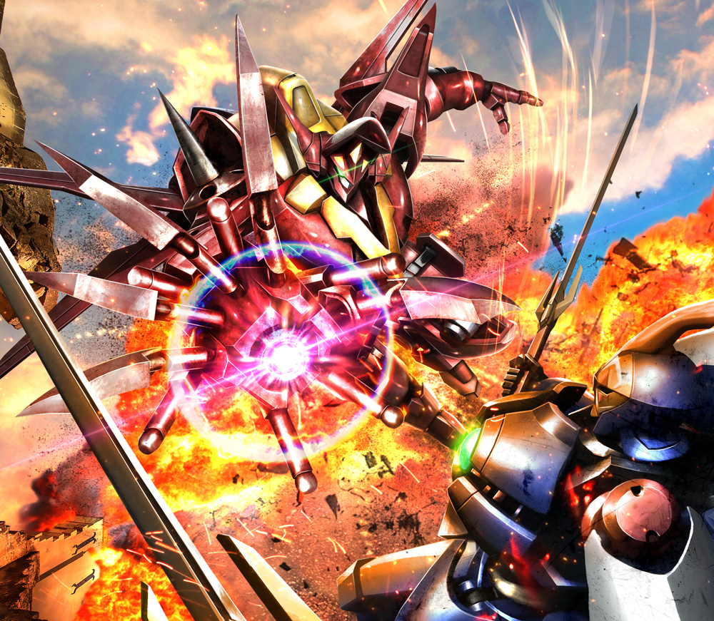 code_geass dual_wielding glowing glowing_eye glowing_hand green_eyes guren_(code_geass) guren_flight-enabled_version guren_mk-ii hiropon_(tasogare_no_puu) holding holding_weapon knightmare_frame mecha mountain no_humans ocean open_hands robot sai_(weapon) science_fiction shen_hu_(code_geass) weapon