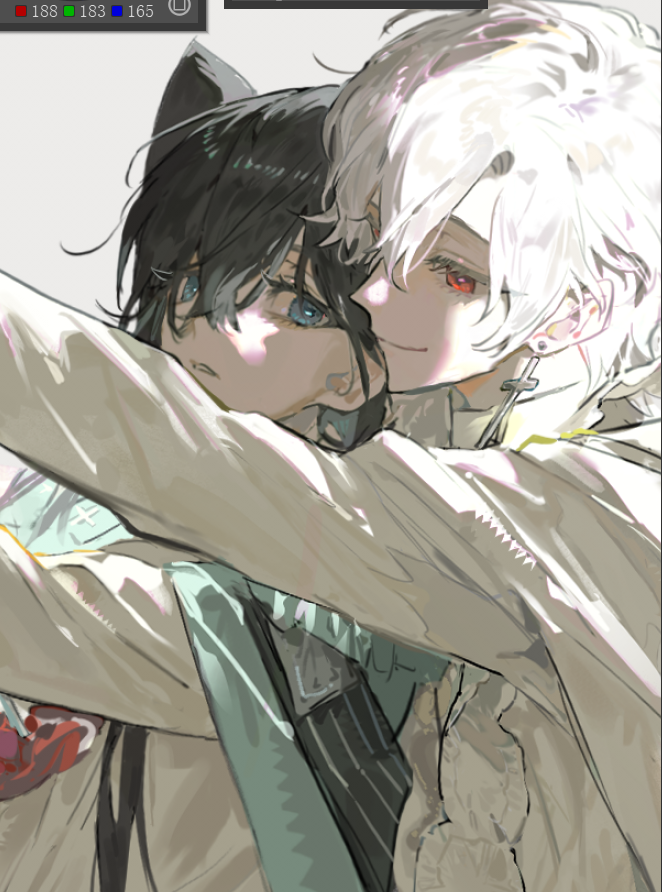 1boy 1girl animal_ears black_hair blue_eyes cat_ears cross earrings hair_between_eyes jewelry kissing_ear long_sleeves original qyzhiaiyisheng red_eyes short_hair white_hair