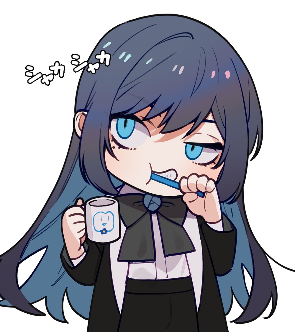1girl ado_(utaite) black_bow black_bowtie black_coat black_hair blue_eyes blue_hair bow bowtie brushing_teeth chando_(ado) coat colored_inner_hair commentary_request cup ha-chan_(ado) holding holding_cup long_hair long_sleeves mole mole_under_eye mug multicolored_hair open_clothes open_coat riseno simple_background solo utaite white_background