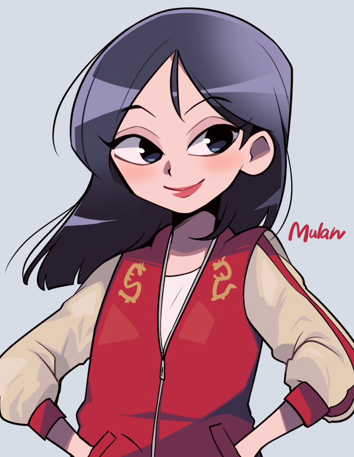 1girl black_eyes black_hair brown_eyes disney fa_mulan_(disney) ikuchi_osutega lips long_hair long_sleeves looking_at_viewer mulan_(movie) short_hair simple_background smile solo sweater upper_body wreck-it_ralph